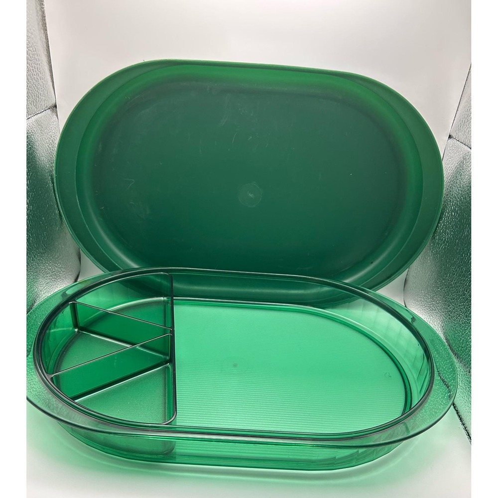 Tupperware Emerald Green Oval Serving Tray with Lid‎ and 3 Section Divider 2015A